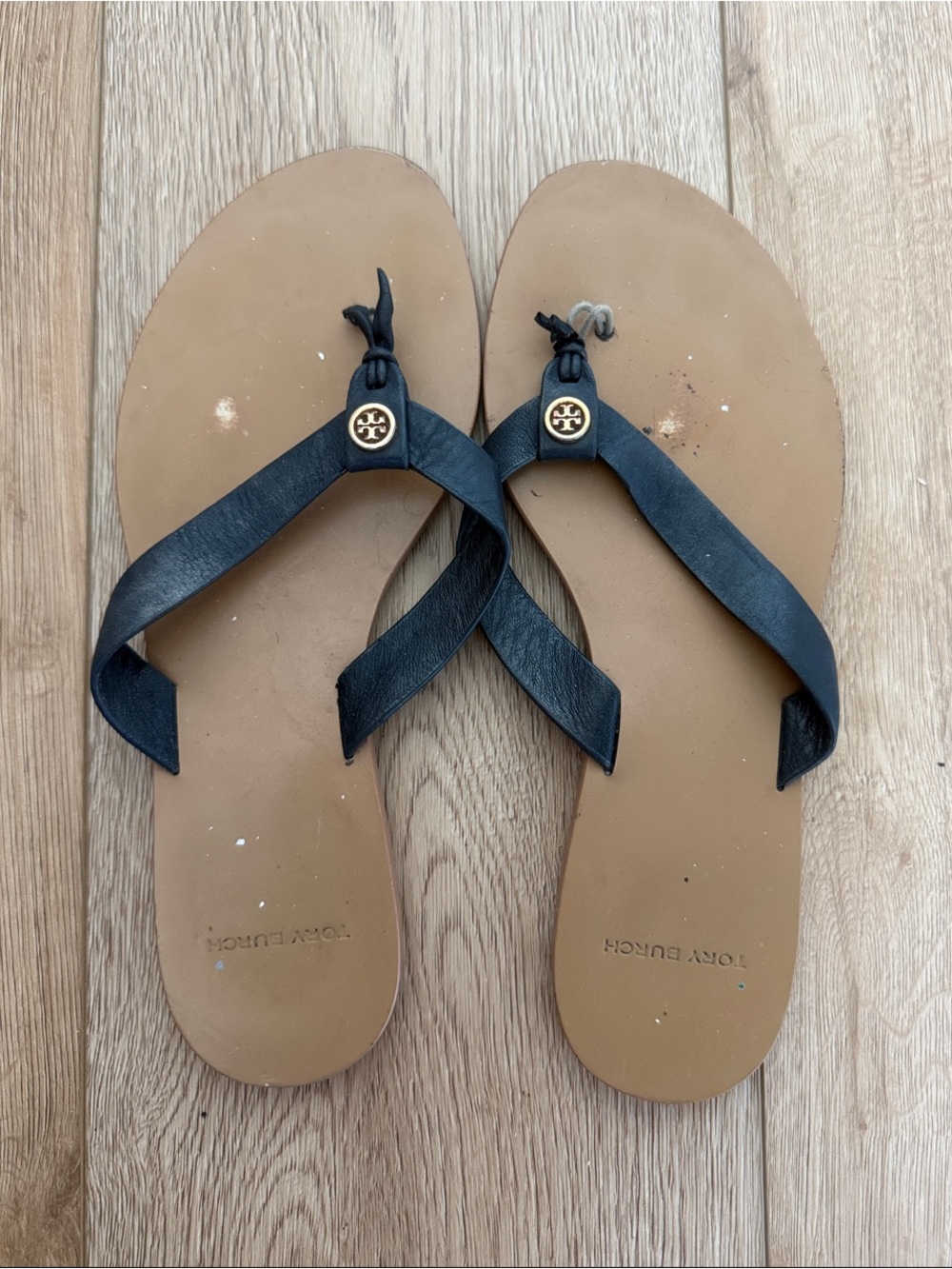 Tory Burch Black Leather Toe-Post Sandals with Gold Logo